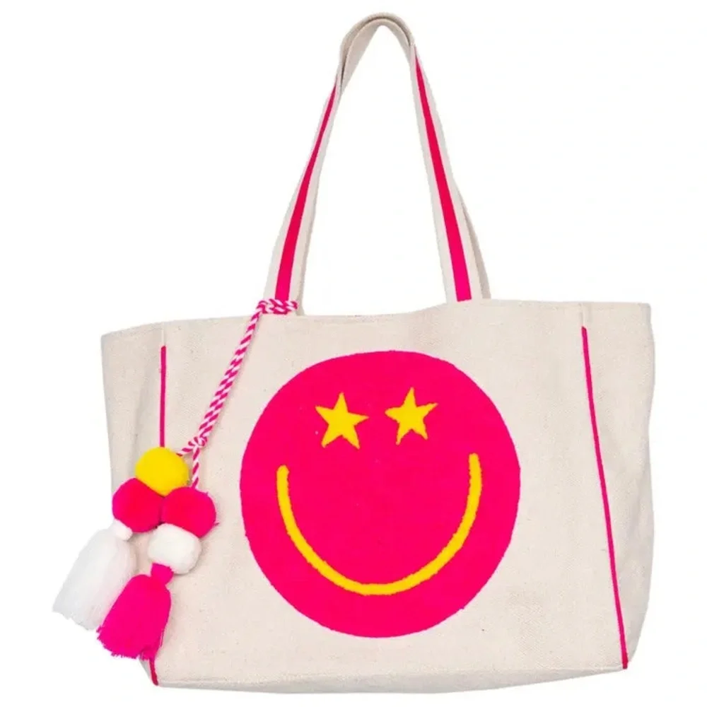 NWT Katydid Hot Pink Star Eye Smiley Face Canvas Tote Beach Travel Bag